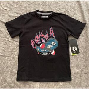 Newt Volcom Flaming Wheels Kids Boys Size 6 Black Short Sleeve T-Shirt